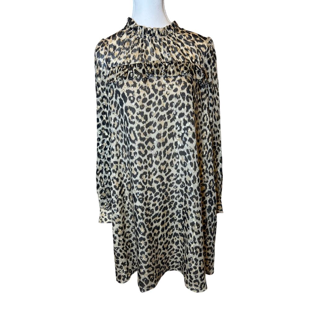 Kate Spade | Silk Metallic Blend Leopard Print Clipped Dot Ruffle Dress | 10
